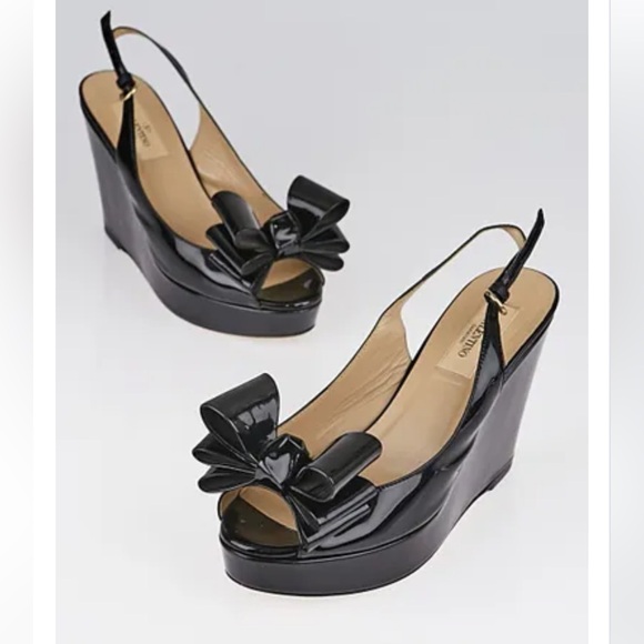 Valentino Garavani Shoes - Valentino Garavani Black Patent Leather Slingback Wedge Sandals Sz 37 US 7 Bow